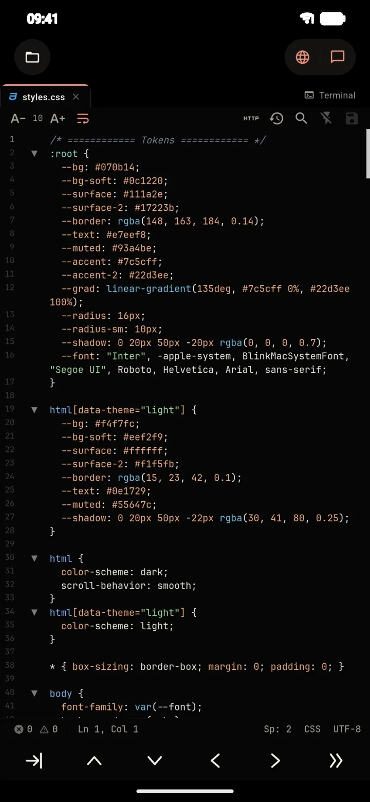 El editor de código de PolyDev mostrando styles.css