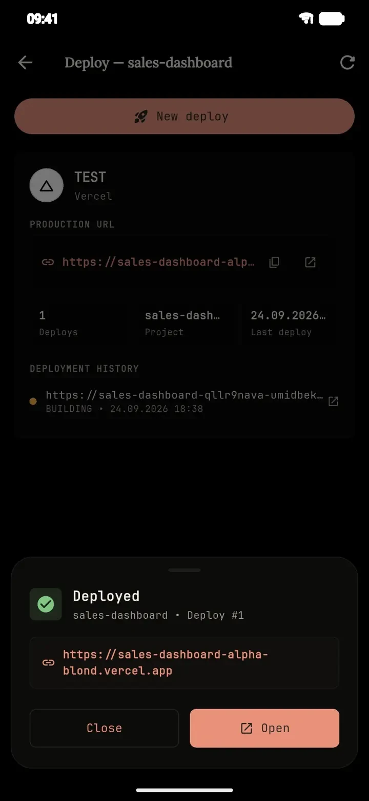 El panel de React desplegado en Vercel desde el celular